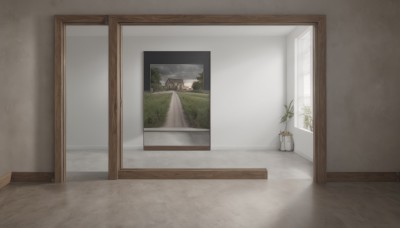 sky,cloud,indoors,tree,no humans,window,shadow,plant,curtains,scenery,wooden floor,door,potted plant,wall,vase,painting (object),flower pot,nature,mountain,still life