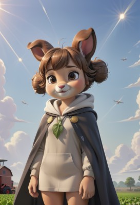 1girl,solo,looking at viewer,blush,smile,short hair,bangs,brown hair,long sleeves,animal ears,brown eyes,standing,tail,ahoge,cowboy shot,outdoors,sky,day,artist name,cloud,hood,hair bun,cape,flat chest,tree,blue sky,double bun,hoodie,sunlight,hood down,grass,ground vehicle,no pants,building,child,cloak,motor vehicle,furry,aircraft,furry female,arms at sides,sun,drawstring,female child,airplane,house,animal nose,contrail,dragonfly,flower,leaf,dog ears,freckles