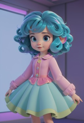 1girl,solo,looking at viewer,smile,short hair,blue eyes,skirt,shirt,long sleeves,blue hair,standing,parted lips,indoors,medium hair,lips,aqua hair,green skirt,child,curly hair,pink shirt,skirt hold,female child,aqua skirt,dress,green hair,artist name,blue skirt,eyelashes,watermark,aged down