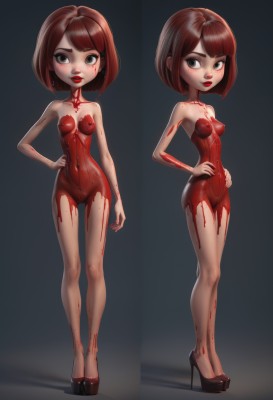 1girl,breasts,looking at viewer,blush,short hair,bangs,brown hair,navel,brown eyes,nipples,standing,full body,nude,small breasts,pussy,high heels,lips,hand on hip,loli,uncensored,blood,makeup,multiple views,piercing,bob cut,lipstick,hands on hips,blood on face,red lips,nipple piercing,solo,red hair,hairclip,chibi,black eyes,covered nipples,grey eyes,freckles