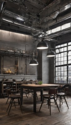 day,indoors,cup,no humans,window,chair,table,sunlight,bottle,plant,scenery,plate,wooden floor,potted plant,light,lamp,stool,ceiling,light bulb,ceiling light,chandelier,wooden table,wooden chair,shelf