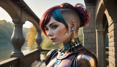 1girl,solo,looking at viewer,short hair,blue eyes,brown hair,jewelry,blue hair,upper body,red hair,multicolored hair,earrings,outdoors,hair bun,blurry,two-tone hair,tree,lips,makeup,single hair bun,lipstick,portrait,science fiction,realistic,nose,android,cyborg,robot joints,cyberpunk,black hair,green eyes,from side,eyelashes,profile