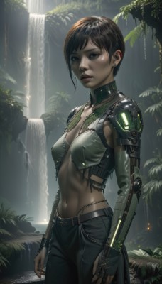 1girl,solo,breasts,looking at viewer,short hair,bangs,brown hair,black hair,gloves,navel,cleavage,brown eyes,jewelry,medium breasts,closed mouth,standing,cowboy shot,earrings,small breasts,outdoors,choker,midriff,belt,pants,artist name,signature,dark skin,fingerless gloves,water,stomach,armor,covered nipples,dark-skinned female,tree,lips,makeup,black pants,plant,science fiction,realistic,nose,stud earrings,cyborg,waterfall,crop top,nature,mechanical arms,cyberpunk