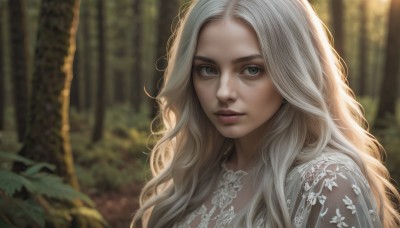 1girl,solo,long hair,looking at viewer,blonde hair,dress,jewelry,closed mouth,upper body,white hair,outdoors,blurry,tree,lips,grey eyes,eyelashes,depth of field,blurry background,wavy hair,plant,portrait,nature,forest,freckles,realistic,nose,blue eyes,green eyes,grey hair,earrings,parted lips,day,necklace,sunlight