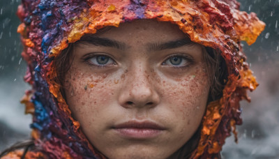 1girl, solo, looking at viewer, brown hair, parted lips, food, blurry, lips, grey eyes, blurry background, portrait, close-up, freckles, rain, realistic, nose