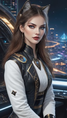 1girl,solo,long hair,breasts,looking at viewer,brown hair,shirt,gloves,long sleeves,animal ears,brown eyes,jewelry,white shirt,upper body,earrings,parted lips,black gloves,cat ears,vest,lips,animal ear fluff,grey eyes,makeup,night,lipstick,brooch,gem,forehead,black vest,red lips,city lights,medium breasts,blurry,extra ears,eyeshadow,realistic,nose,eyeliner