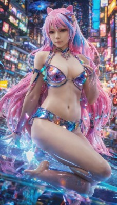 1girl,solo,long hair,breasts,looking at viewer,blue eyes,large breasts,hair ornament,navel,animal ears,cleavage,jewelry,medium breasts,sitting,very long hair,blue hair,swimsuit,pink hair,bikini,multicolored hair,barefoot,water,necklace,bracelet,lips,night,side-tie bikini bottom,blue bikini,realistic,pool,bangs,bare shoulders,closed mouth,full body,thighs,outdoors,parted lips,choker,artist name,cat ears,pink eyes,blurry,bare legs,kneeling,fake animal ears,watermark,web address,reflection,city,one knee,print bikini