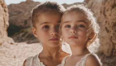 looking at viewer,short hair,blue eyes,multiple girls,blonde hair,brown hair,dress,2girls,brown eyes,closed mouth,upper body,white hair,sleeveless,white dress,blurry,lips,grey eyes,blurry background,siblings,child,portrait,realistic,female child,outdoors,expressionless,sisters,messy hair,curly hair,heads together,fine art parody