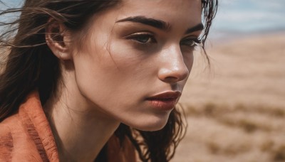 1girl,solo,long hair,looking at viewer,brown hair,black hair,closed mouth,outdoors,day,blurry,black eyes,lips,depth of field,blurry background,scar,beach,portrait,scar on face,realistic,nose,sand,brown eyes,sky,eyelashes,expressionless,close-up,freckles,looking afar,desert