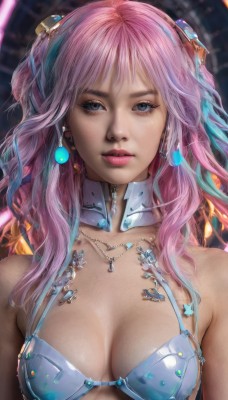 1girl,solo,long hair,breasts,looking at viewer,bangs,blue eyes,hair ornament,cleavage,bare shoulders,jewelry,medium breasts,blue hair,collarbone,swimsuit,upper body,pink hair,bikini,multicolored hair,earrings,parted lips,shiny,necklace,blurry,two-tone hair,lips,grey eyes,makeup,blurry background,realistic,nose,detached collar,headgear,science fiction,cyberpunk