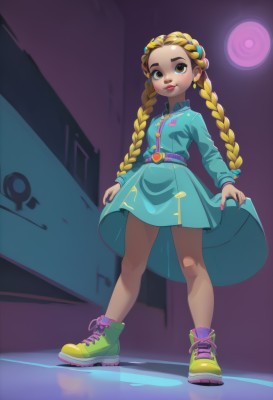 1girl,solo,long hair,looking at viewer,smile,blonde hair,hair ornament,long sleeves,dress,twintails,brown eyes,jewelry,very long hair,closed mouth,standing,full body,braid,shoes,socks,belt,nail polish,twin braids,lips,blue dress,sneakers,child,skirt hold,collared dress,female child,green footwear,aqua dress,multiple braids,breasts,yellow eyes,earrings,small breasts,fingernails,makeup,thick eyebrows,aged down,forehead,nose,shoelaces