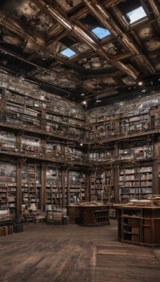 indoors,book,no humans,window,chair,table,sunlight,box,scenery,wooden floor,stairs,bookshelf,architecture,shelf,library,shop,ceiling,ladder,ceiling light,day,science fiction