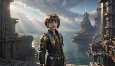 1girl,solo,looking at viewer,short hair,bangs,brown hair,black hair,gloves,long sleeves,brown eyes,jewelry,closed mouth,standing,jacket,cowboy shot,outdoors,parted lips,sky,day,black gloves,belt,cloud,blunt bangs,water,armor,lips,looking to the side,ocean,sunlight,bob cut,cloudy sky,shoulder armor,building,scenery,science fiction,light rays,city,sun,horizon,cityscape,watercraft,architecture,sunbeam,ship,tower,boat,sunrise,steampunk,uniform,blue sky,military,bodysuit,headphones,headset,realistic,emblem,jumpsuit,spacecraft