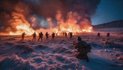 multiple girls,holding,weapon,outdoors,multiple boys,sky,cloud,water,bag,holding weapon,uniform,tree,gun,military,military uniform,night,backpack,helmet,cloudy sky,fire,star (sky),holding gun,nature,night sky,scenery,rifle,snow,smoke,starry sky,6+boys,running,assault rifle,explosion,world war ii,soldier,war,ak-47,kneeling,ocean,beach,military vehicle,battle