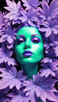 1girl,solo,looking at viewer,purple hair,flower,parted lips,artist name,black eyes,makeup,colored skin,lipstick,black background,portrait,eyeshadow,purple flower,green skin,purple theme,purple skin,purple lips,lips,leaf,realistic,nose,alien