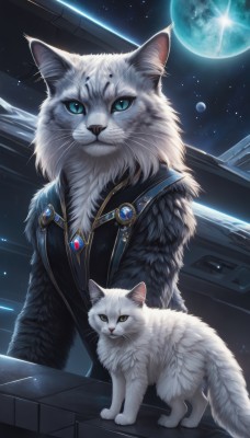 looking at viewer,blue eyes,jewelry,yellow eyes,sky,signature,no humans,animal,moon,cat,brooch,gem,star (sky),full moon,starry sky,colored sclera,space,animal focus,planet,whiskers,earth (planet),blue gemstone,white cat,solo,sitting,artist name,night,night sky,white fur,oversized animal