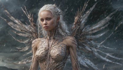 1girl,solo,long hair,breasts,looking at viewer,blue eyes,medium breasts,closed mouth,upper body,white hair,outdoors,wings,sky,lips,grey eyes,facial mark,cloudy sky,snow,rain,snowing,realistic,mechanical wings,braid,nude,pointy ears,scar