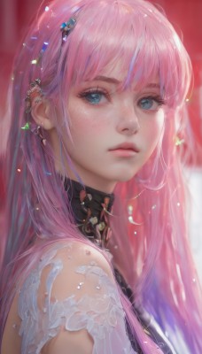 1girl,solo,long hair,looking at viewer,bangs,blue eyes,hair ornament,bare shoulders,jewelry,closed mouth,upper body,pink hair,earrings,artist name,blurry,collar,from side,aqua eyes,lips,eyelashes,piercing,ear piercing,portrait,freckles,realistic,nose,shirt,shiny,looking to the side,expressionless,gem,red background