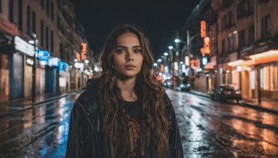 1girl,solo,long hair,looking at viewer,brown hair,shirt,brown eyes,jacket,upper body,outdoors,sky,blurry,lips,black jacket,wet,black shirt,night,blurry background,ground vehicle,building,night sky,motor vehicle,reflection,rain,city,realistic,car,road,leather,street,leather jacket,city lights,black hair,jewelry,closed mouth,open clothes,necklace,mole,open jacket,depth of field,thick eyebrows,forehead