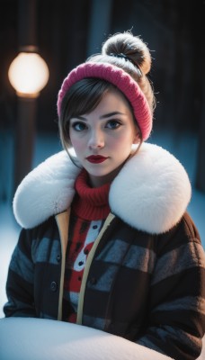 1girl,solo,looking at viewer,short hair,bangs,blue eyes,brown hair,black hair,hat,closed mouth,jacket,upper body,outdoors,open clothes,hair bun,blurry,sweater,lips,coat,fur trim,makeup,night,buttons,depth of field,blurry background,swept bangs,turtleneck,single hair bun,lipstick,eyeshadow,freckles,realistic,nose,beanie,winter clothes,red lips,red sweater,winter coat,backlighting,fur collar,lamp,lamppost