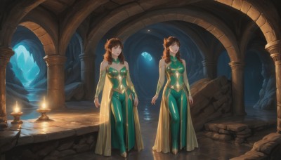 1girl,long hair,breasts,looking at viewer,bangs,multiple girls,brown hair,hair ornament,dress,2girls,bare shoulders,brown eyes,jewelry,medium breasts,closed mouth,standing,full body,detached sleeves,pants,water,cape,bodysuit,multiple views,night,moon,full moon,reflection,green dress,arms at sides,candle,pillar,cave,open mouth,cleavage,green eyes,indoors,looking at another,red lips