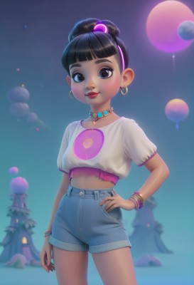 1girl,solo,looking at viewer,smile,short hair,bangs,shirt,black hair,hair ornament,brown eyes,jewelry,closed mouth,standing,white shirt,short sleeves,heart,cowboy shot,hairband,earrings,outdoors,sky,shorts,choker,midriff,puffy sleeves,artist name,dark skin,blunt bangs,necklace,hair bun,nail polish,blurry,black eyes,flat chest,bracelet,official alternate costume,dark-skinned female,lips,crop top,fingernails,hand on hip,short shorts,eyelashes,makeup,night,blurry background,single hair bun,thick eyebrows,denim,lipstick,child,contrapposto,blue shorts,denim shorts,pink shirt,hoop earrings,pink lips,red lips,female child,bangle,crop top overhang,print shirt,cropped shirt,high-waist shorts,alternate skin color,long hair,breasts,purple hair,watermark,web address,balloon