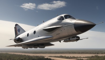 outdoors,sky,day,cloud,blue sky,military,no humans,nature,scenery,flying,realistic,aircraft,military vehicle,airplane,vehicle focus,desert,jet,fighter jet,roundel,ocean,world war ii,missile,pilot