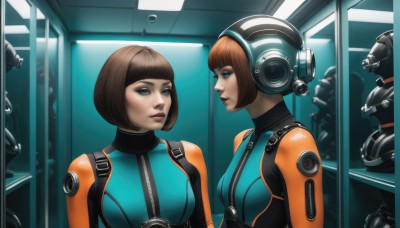 breasts,short hair,bangs,blue eyes,multiple girls,brown hair,2girls,medium breasts,upper body,small breasts,blunt bangs,looking at another,lips,bodysuit,makeup,headphones,bob cut,helmet,lipstick,zipper,reflection,science fiction,mirror,nose,clone,spacesuit,closed mouth,multiple boys,indoors,grey eyes,profile,mask,eyeshadow,realistic,multiple others