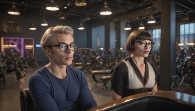 1girl,short hair,bangs,blue eyes,blonde hair,brown hair,shirt,1boy,sitting,short sleeves,multiple boys,glasses,indoors,blunt bangs,lips,black shirt,facial hair,chair,blue shirt,ground vehicle,science fiction,black-framed eyewear,realistic,nose,round eyewear,breasts,closed mouth,bag,blurry,looking at another,window,makeup,muscular,night,backpack,lipstick,t-shirt,motor vehicle,6+boys,red lips,crowd