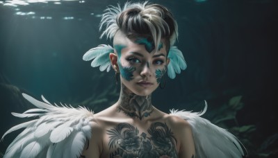 1girl,solo,looking at viewer,short hair,blue eyes,brown hair,black hair,hair ornament,bare shoulders,jewelry,closed mouth,collarbone,upper body,nude,multicolored hair,earrings,wings,choker,two-tone hair,lips,tattoo,sunlight,feathers,portrait,feathered wings,light rays,underwater,nose,feather hair ornament,dark skin,facial tattoo