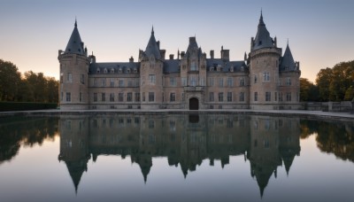 outdoors,sky,cloud,water,tree,blue sky,no humans,window,building,nature,scenery,reflection,sunset,fantasy,architecture,bridge,river,castle,tower,lake,gradient sky,reflective water,day,forest,arch