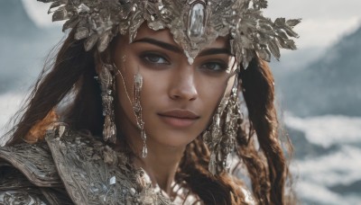 1girl,solo,long hair,looking at viewer,smile,brown hair,brown eyes,jewelry,closed mouth,earrings,outdoors,sky,dark skin,armor,blurry,dark-skinned female,lips,eyelashes,blurry background,gem,portrait,freckles,mountain,realistic,nose,hair ornament,close-up,headpiece,headdress