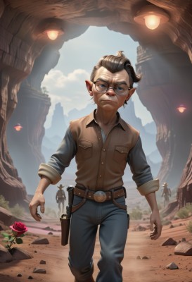 solo,looking at viewer,short hair,blue eyes,brown hair,shirt,black hair,1boy,jewelry,closed mouth,standing,weapon,flower,grey hair,male focus,earrings,boots,outdoors,multiple boys,sky,glasses,solo focus,day,pointy ears,collared shirt,belt,pants,artist name,cloud,vest,gun,book,rose,frown,denim,red flower,pink flower,handgun,sleeves rolled up,walking,jeans,red rose,rock,mountain,round eyewear,blue pants,brown belt,holster,brown shirt,ruins,pink rose,revolver,brown vest,holstered weapon,multicolored hair,two-tone hair,glowing,glowing eyes,realistic