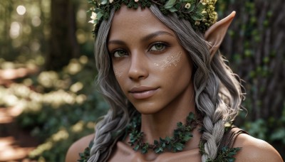 1girl,solo,long hair,looking at viewer,smile,jewelry,green eyes,braid,grey hair,pointy ears,dark skin,necklace,blurry,twin braids,dark-skinned female,lips,tattoo,depth of field,blurry background,elf,portrait,nature,forest,freckles,realistic,nose,head wreath,hair ornament,leaf,close-up,wreath