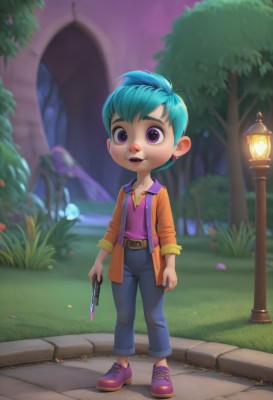 1girl,solo,looking at viewer,smile,short hair,open mouth,shirt,holding,jewelry,blue hair,standing,purple eyes,jacket,full body,weapon,earrings,outdoors,open clothes,shoes,teeth,belt,pants,artist name,blurry,tree,aqua hair,blood,night,blurry background,watermark,grass,knife,denim,sneakers,child,web address,jeans,lantern,lamp,lamppost,green hair,holding weapon,vest,gun,makeup,lipstick,handgun,sleeves rolled up,mushroom