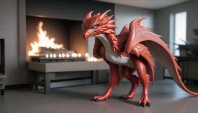 HQ,solo,looking at viewer,blue eyes,closed mouth,standing,tail,full body,wings,horns,indoors,blurry,pokemon (creature),no humans,blurry background,table,fire,plant,slit pupils,claws,colored sclera,reflection,dragon,scales,television,animal focus,artist name,chair,potted plant