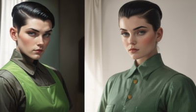 1girl,looking at viewer,short hair,shirt,black hair,closed mouth,upper body,parted lips,collared shirt,indoors,apron,lips,grey eyes,black shirt,multiple views,buttons,pocket,green dress,striped shirt,realistic,green shirt,red lips,reference inset,comparison,blush,1boy,male focus,multiple boys,2boys,vest,expressionless,portrait,very short hair,hair slicked back