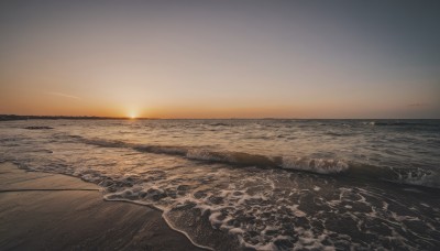 outdoors,sky,cloud,water,no humans,ocean,beach,scenery,sunset,sand,sun,horizon,waves,shore,orange sky,sunlight,evening,gradient sky