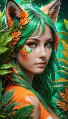 1girl,solo,long hair,looking at viewer,bangs,hair ornament,animal ears,closed mouth,green eyes,upper body,flower,green hair,artist name,cat ears,hair flower,from side,lips,fox ears,eyelashes,makeup,leaf,watermark,facial mark,plant,portrait,eyeshadow,freckles,nose,eyeliner,facepaint,mascara,bare shoulders,web address,light particles,realistic