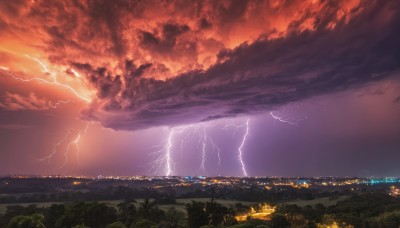 outdoors,sky,cloud,water,tree,no humans,ocean,cloudy sky,building,nature,scenery,sunset,mountain,city,horizon,electricity,cityscape,river,lightning,landscape,city lights,red sky,night,grass