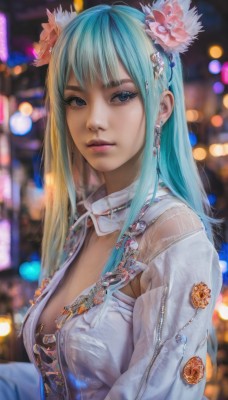 1girl,solo,long hair,breasts,looking at viewer,bangs,blue eyes,hair ornament,cleavage,jewelry,medium breasts,blue hair,jacket,upper body,flower,multicolored hair,earrings,parted lips,open clothes,hair flower,blurry,lips,see-through,eyelashes,aqua hair,makeup,depth of field,blurry background,piercing,eyeshadow,zipper,realistic,nose,bokeh,closed mouth,artist name,necklace,from side,pink flower,badge