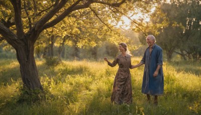 1girl,smile,short hair,brown hair,long sleeves,1boy,dress,standing,white hair,hetero,outdoors,day,blurry,looking at another,tree,holding hands,facial hair,sunlight,grass,nature,scenery,beard,forest,old,old man,long hair,closed eyes,braid,boots,bald,old woman,wrinkled skin