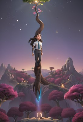 1girl,solo,long hair,brown hair,shirt,black hair,brown eyes,standing,white shirt,short sleeves,outdoors,necktie,sky,shoes,collared shirt,belt,pants,artist name,signature,tree,night,glowing,brown footwear,black pants,moon,looking up,star (sky),night sky,scenery,floating,starry sky,blue necktie,lantern,arms at sides,branch,cliff,very long hair,pointy ears,rock,mountain