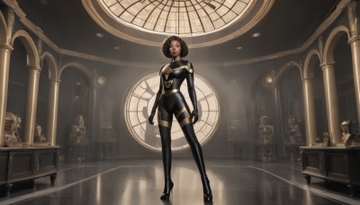 1girl,solo,breasts,looking at viewer,short hair,brown hair,black hair,brown eyes,medium breasts,standing,full body,indoors,dark skin,high heels,dark-skinned female,lips,bodysuit,skin tight,reflection,curly hair,arms at sides,black bodysuit,clock,latex,statue,reflective floor,gloves,small breasts,makeup,lipstick,backlighting,wide shot,afro