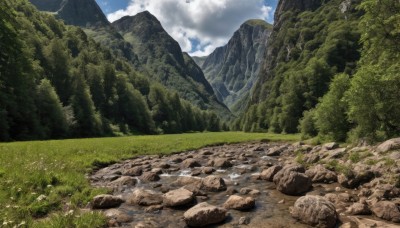 outdoors,sky,day,cloud,water,tree,blue sky,no humans,cloudy sky,grass,nature,scenery,forest,rock,mountain,river,landscape