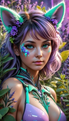 1girl,solo,long hair,breasts,looking at viewer,bangs,large breasts,hair ornament,animal ears,cleavage,bare shoulders,medium breasts,closed mouth,green eyes,upper body,purple hair,flower,artist name,cat ears,hair flower,blurry,aqua eyes,lips,fox ears,eyelashes,makeup,blurry background,swept bangs,leaf,watermark,facial mark,plant,lipstick,between breasts,web address,eyeshadow,freckles,pink lips,realistic,nose,purple flower,eyeliner,mascara,short hair,swimsuit,bikini,multicolored hair,outdoors,signature,bra,depth of field,expressionless,sunlight,nature,strap gap,facepaint