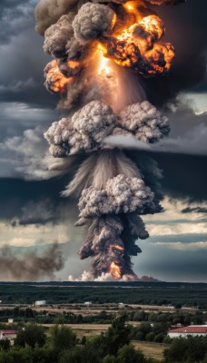 outdoors,sky,day,cloud,tree,no humans,cloudy sky,fire,building,nature,scenery,forest,smoke,monster,mountain,dragon,architecture,explosion,house,east asian architecture,burning,destruction,molten rock,city,giant,landscape