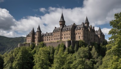 outdoors,sky,day,cloud,tree,blue sky,no humans,cloudy sky,building,nature,scenery,forest,mountain,fantasy,castle,tower,landscape