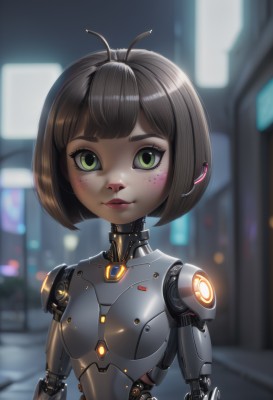 1girl,solo,looking at viewer,smile,short hair,bangs,brown hair,green eyes,upper body,parted lips,shiny,artist name,signature,blunt bangs,blurry,lips,makeup,depth of field,blurry background,glowing,bob cut,antenna hair,robot,freckles,science fiction,android,red lips,joints,cyborg,robot joints,cyberpunk,mechanical parts,black hair,nude,eyelashes