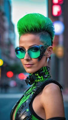 1girl,solo,breasts,looking at viewer,smile,short hair,bare shoulders,jewelry,green eyes,upper body,multicolored hair,earrings,green hair,glasses,blurry,two-tone hair,lips,makeup,blurry background,watermark,sunglasses,lipstick,science fiction,realistic,nose,very short hair,undercut,tinted eyewear,cyberpunk,from side,depth of field,piercing,freckles,cyborg,mohawk